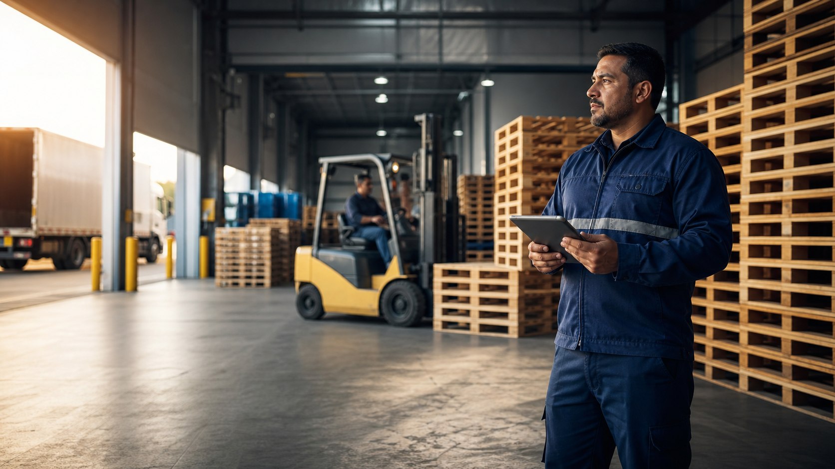 Equipe acompanhando pallets em um centro de distribuição